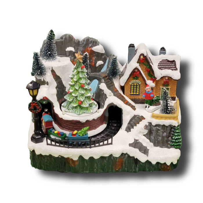 Snow Mountain with Hut and Animated Train. Christmas Village F07M4-24-L1128B