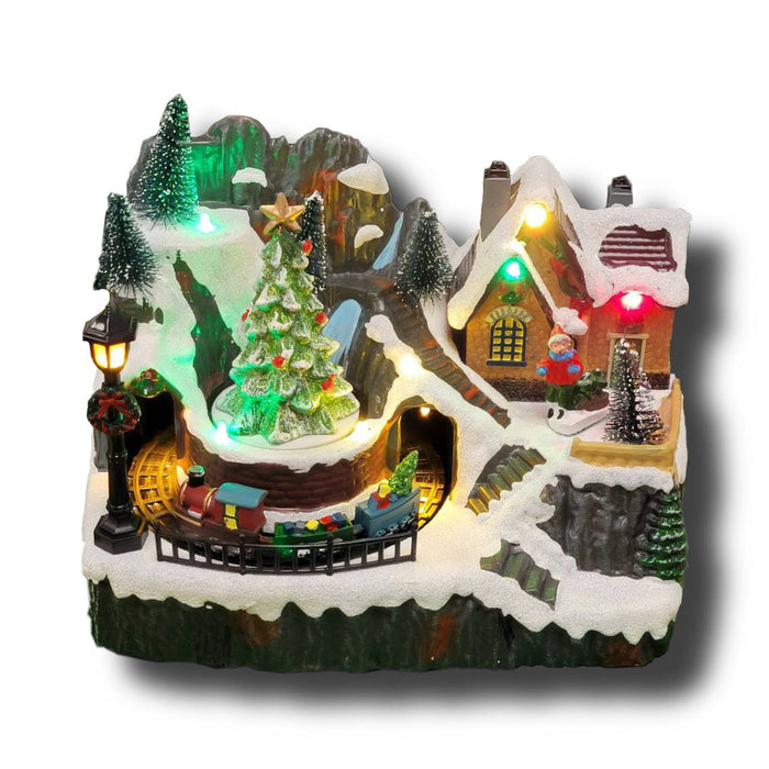 Snow Mountain with Hut and Animated Train. Christmas Village F07M4-24-L1128B