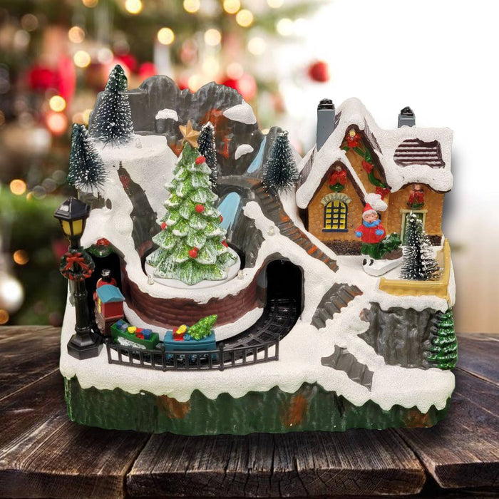 Snow Mountain with Hut and Animated Train. Christmas Village F07M4-24-L1128B