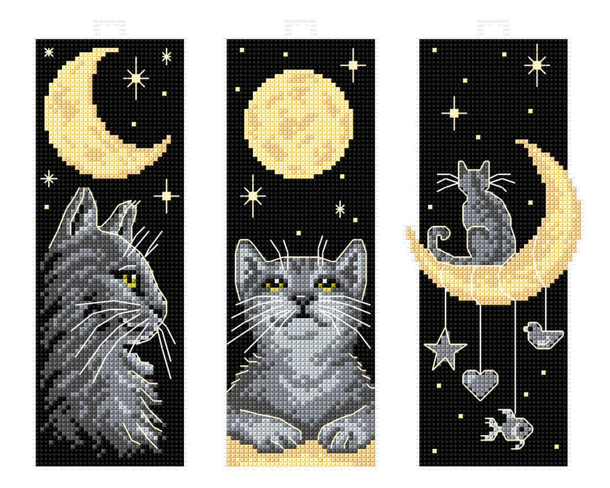 Counted cross stitch kit with plastic canvas Bookmarks "Cats at Night" set of 3 designs 8713