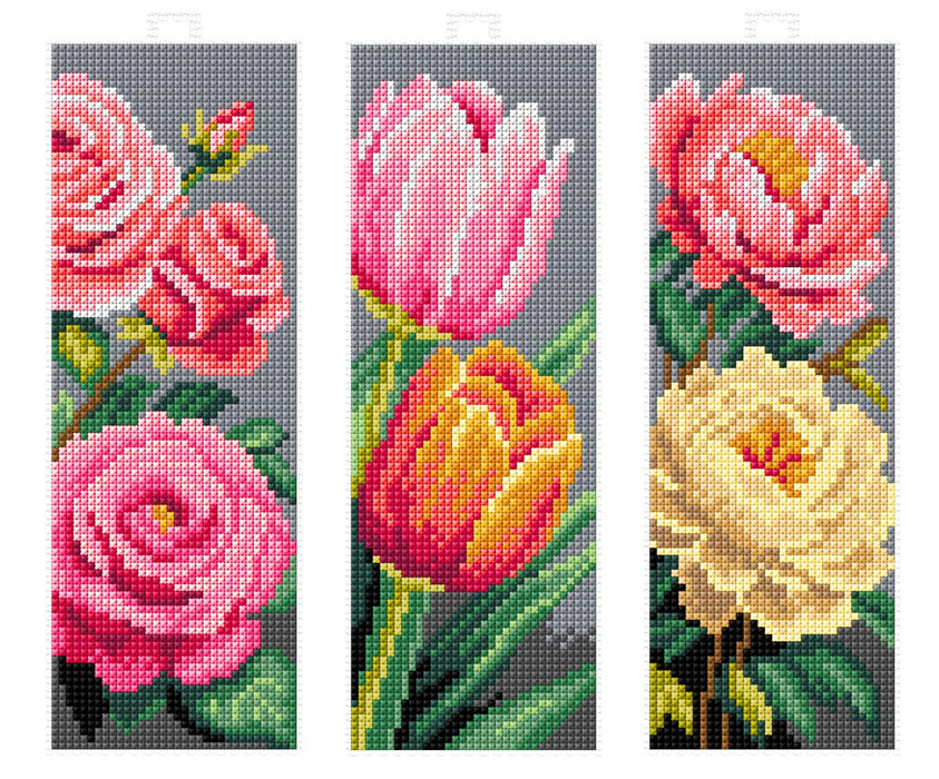 Counted cross stitch kit with plastic canvas Bookmarks "Flowers" set of 3 designs 8714