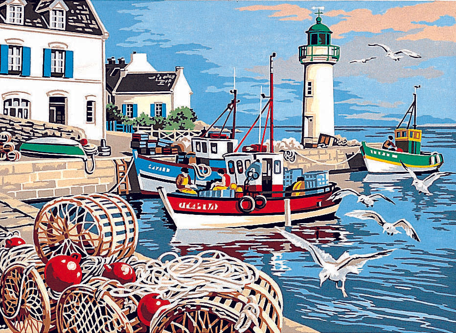 Needlepoint canvas for halfstitch without yarn Canvas The fishing port SE929.279 Seg De Paris Printed Tapestry Canvas with Seascape and Lighjthouse