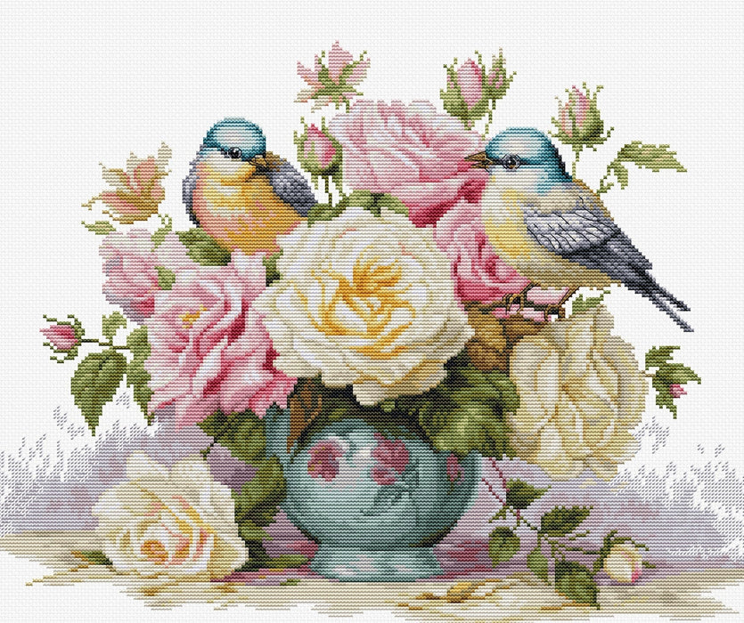 Vase with Roses and Birds B7038L Counted Cross-Stitch Kit