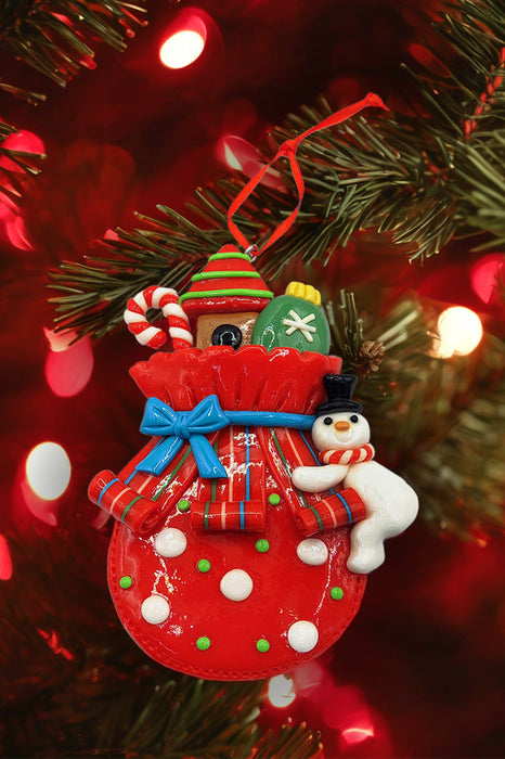 Christmas Ornament - Glossy Gift Bag with Snowman. Wizardi Festive Decoration F07-N2-11-AA440A