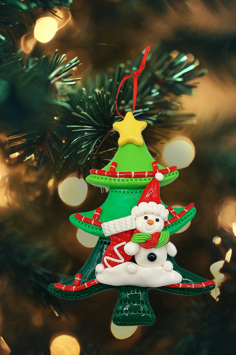 Christmas Ornament - Glossy Tree with Snowman. Wizardi Festive Decoration F07-N2-12-AA453C