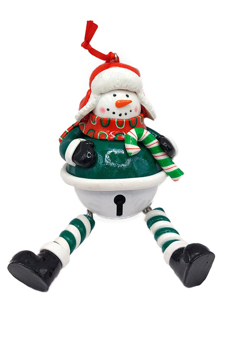 Christmas Ornament - Glossy Snowman with Dangling Legs and Bell. Wizardi Festive Decoration F07-N2-15-SBB004B