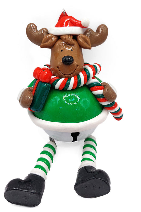 Christmas Ornament - Glossy Reindeer with Dangling Legs and Bell. Wizardi Festive Decoration F07-N2-15-SBB004C
