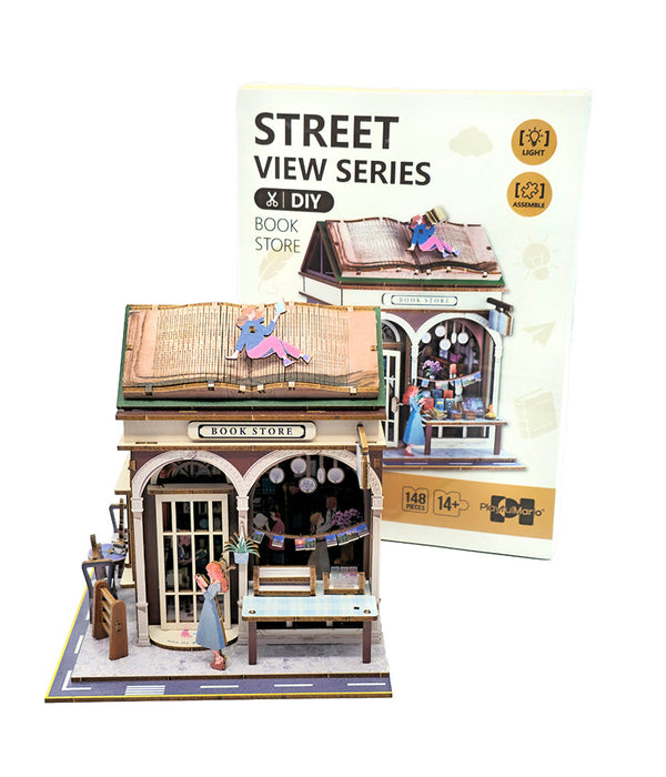 Little Village Bookstore Wooden Miniature Dollhouse Kit F07AM15-1-68074