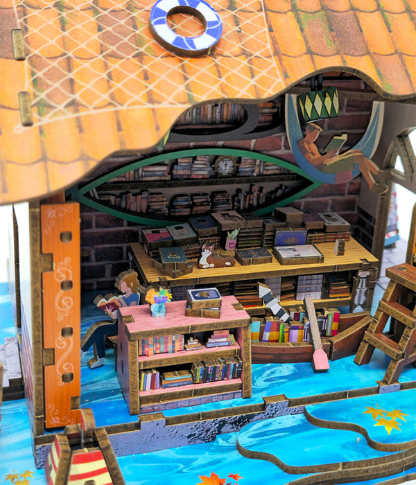 Floating Bookstore Wooden Miniature Dollhouse Kit F07AM15-2-68083