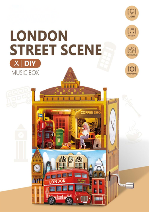London Street Scene Wooden Miniature Dollhouse Music Box F07AM15-7-68122