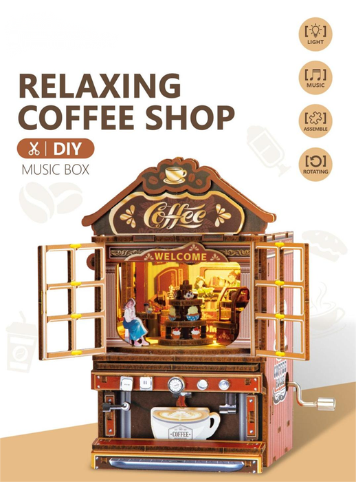 Relaxing Coffee Shop Wooden Miniature Dollhouse Music Box F07AM15-7-68123