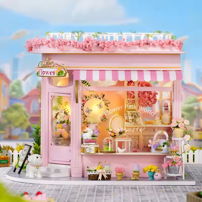 Flower Pink World Dollhouse Kit - Miniature Wizardi Roombox Kit F07M5-75-AC-001-A