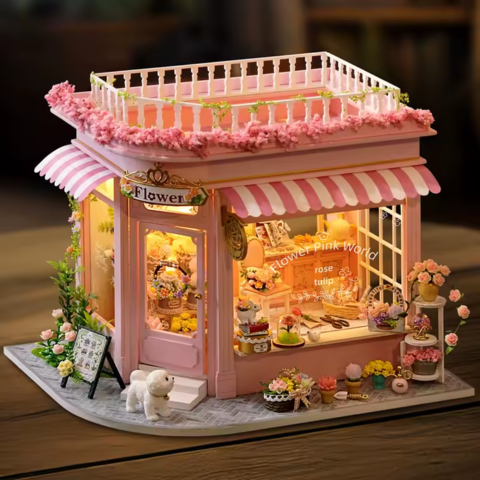 Flower Pink World Dollhouse Kit - Miniature Wizardi Roombox Kit F07M5-75-AC-001-A