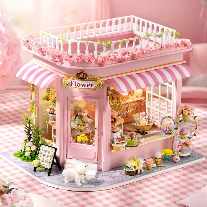 Flower Pink World Dollhouse Kit - Miniature Wizardi Roombox Kit F07M5-75-AC-001-A