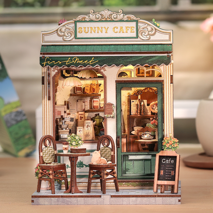 Sunny Cafe Dollhouse Kit - Miniature Wizardi Roombox Kit F07M5-81-CWGC208