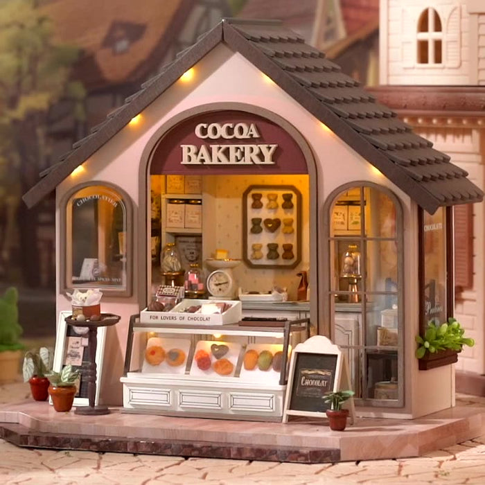 Cocoa Bakery Dollhouse Kit - Miniature Wizardi Roombox Kit with LED Light F07M51-57-DA-005-A