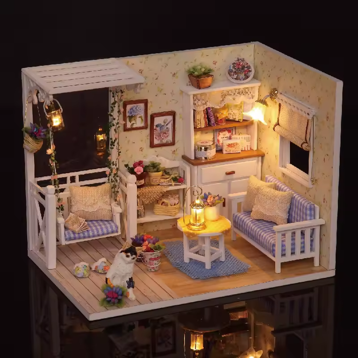Kitten Diary Dollhouse Kit - Miniature Wizardi Roombox Kit with LED Light F07M51-70-3013