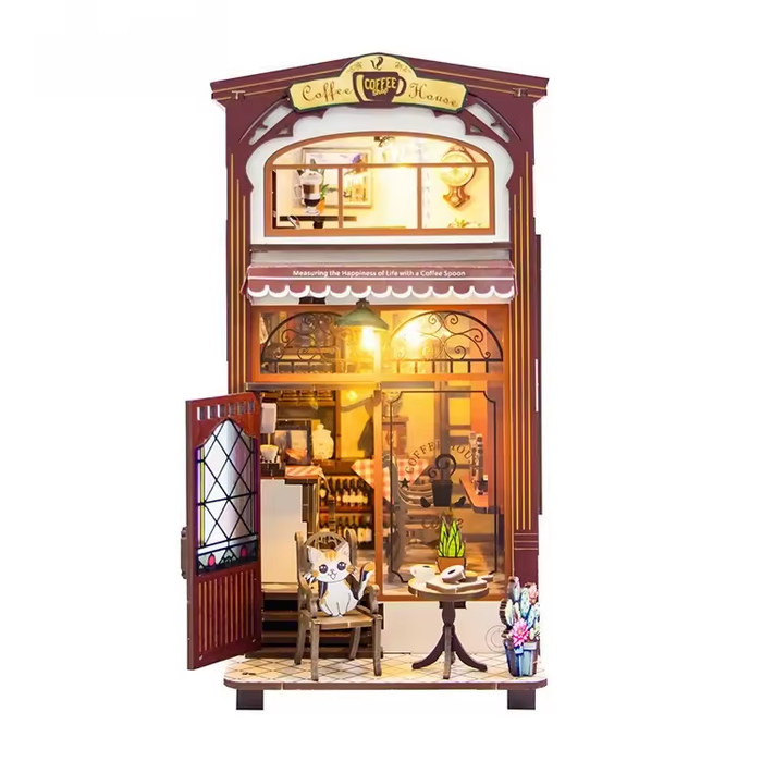 Coffee House Dollhouse Kit - Miniature Wizardi Roombox Kit with LED Light F07M51-84-M2411