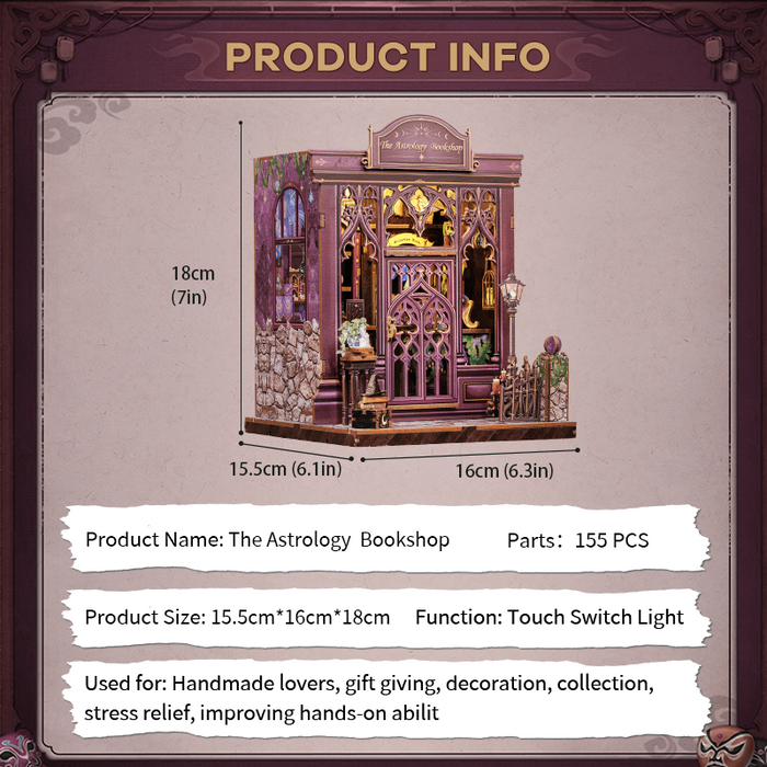 The Astrology Bookshop Dollhouse Kit - Miniature Wizardi Roombox Kit with LED Light F07M51-87-CWGC202