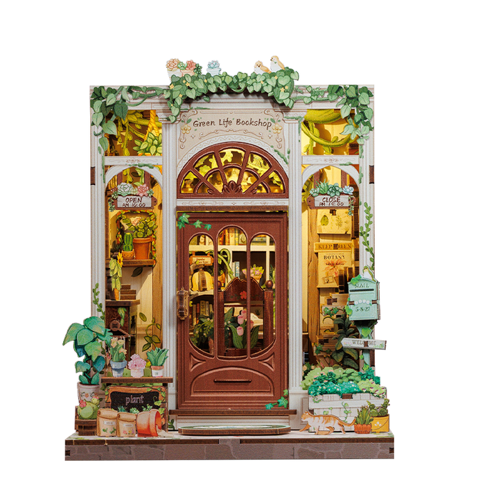 Green Life Bookshop Dollhouse Kit - Miniature Wizardi Roombox Kit with LED Light F07M51-88-CWGC203