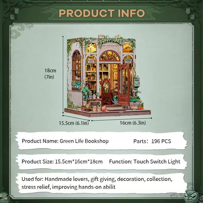 Green Life Bookshop Dollhouse Kit - Miniature Wizardi Roombox Kit with LED Light F07M51-88-CWGC203