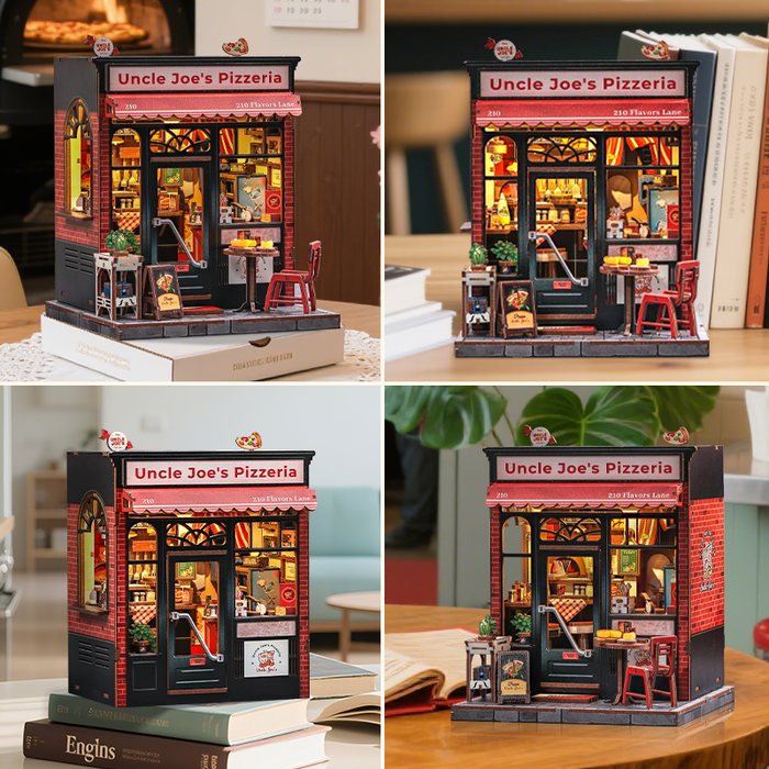 Uncle Joe's Pizzeria Dollhouse Kit - Miniature Wizardi Roombox Kit with LED Light F07M51-92-CWGC210