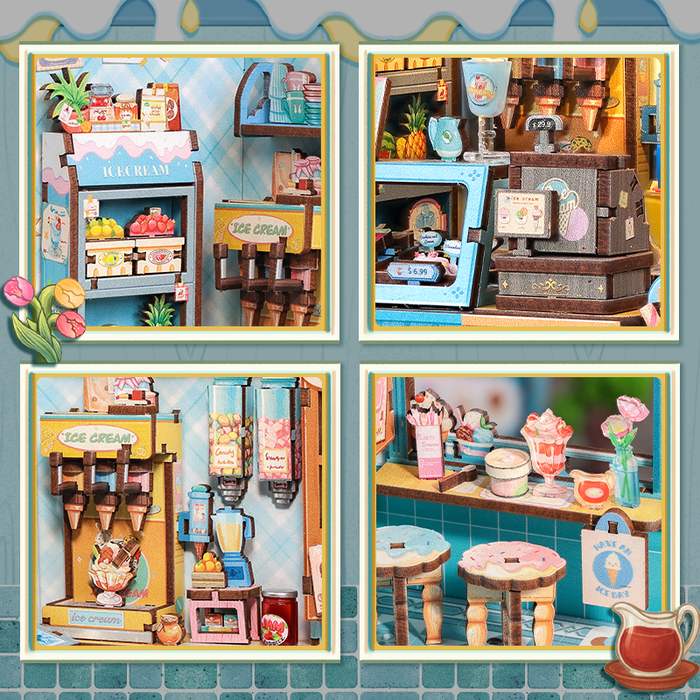 Bella's Ice Cream Dollhouse Kit - Miniature Wizardi Roombox Kit with LED Light F07M51-93-CWGC212