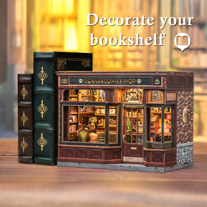 Corner Coffee Shop Dollhouse Kit - Miniature Wizardi Roombox Kit with LED Light F07M51-96-GB402