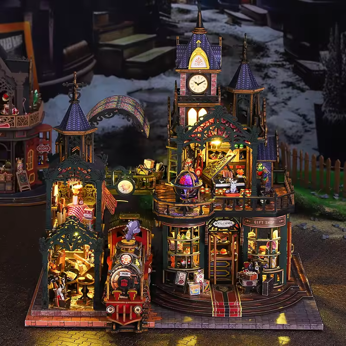 Railway City Dollhouse Kit - Miniature Wizardi Roombox Kit with LED Light F07M51-99-ES019