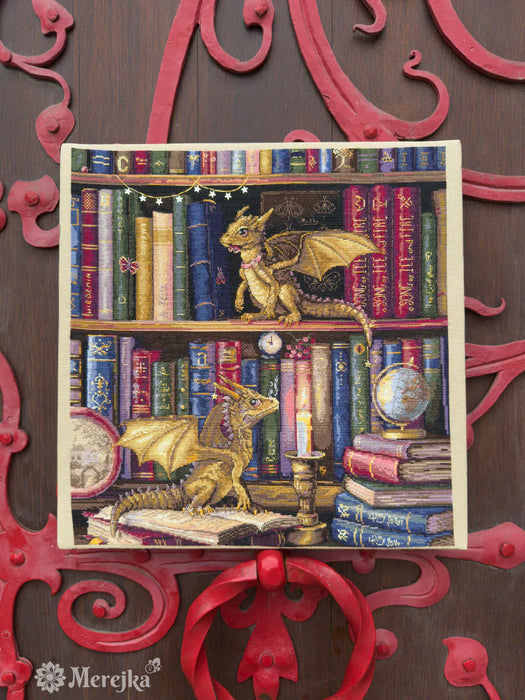 The Moth Hunters K-266 Counted Cross-Stitch Kit with two dragons on the bookshelf