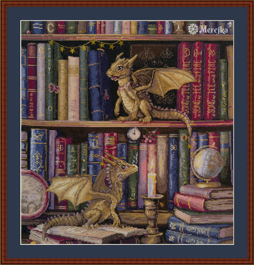 The Moth Hunters K-266 Counted Cross-Stitch Kit with two dragons on the bookshelf