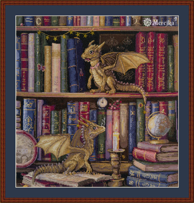 The Moth Hunters K-266 Counted Cross-Stitch Kit with two dragons on the bookshelf