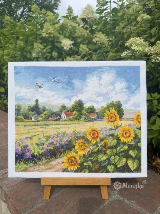 The Way Home K-273 Counted Cross-Stitch Kit landscape with Sunflowers and a Village