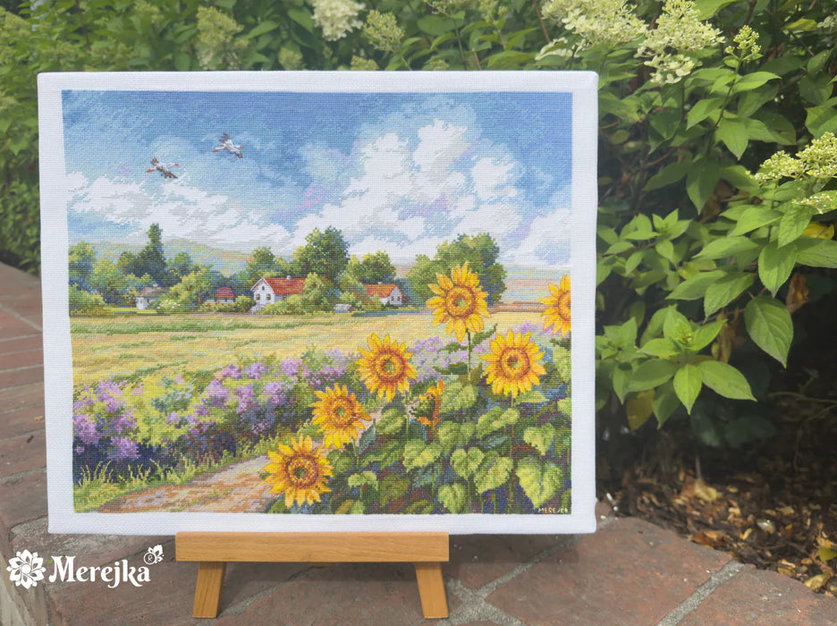 The Way Home K-273 Counted Cross-Stitch Kit landscape with Sunflowers and a Village