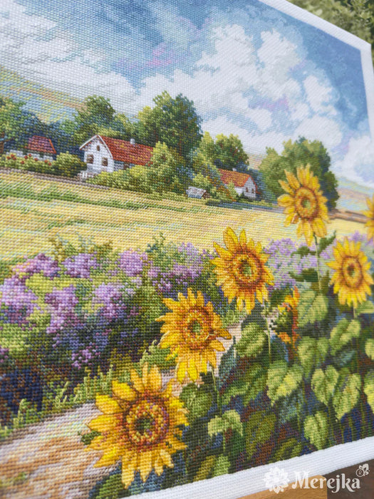 The Way Home K-273 Counted Cross-Stitch Kit landscape with Sunflowers and a Village