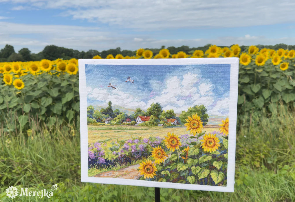 The Way Home K-273 Counted Cross-Stitch Kit landscape with Sunflowers and a Village