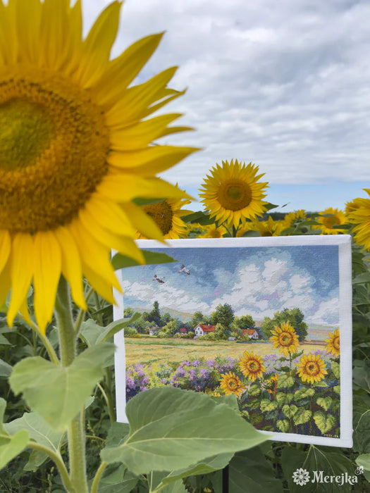 The Way Home K-273 Counted Cross-Stitch Kit landscape with Sunflowers and a Village