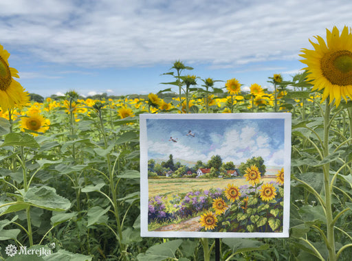 The Way Home K-273 Counted Cross-Stitch Kit landscape with Sunflowers and a Village