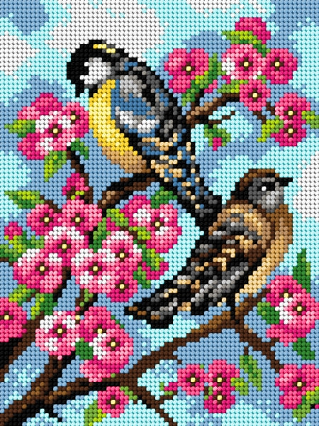 Gobelin canvas for halfstitch without yarn Tits on Cherry Blossom
