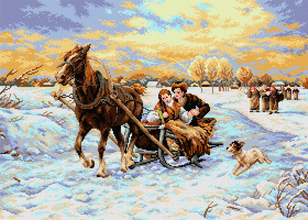 Needlepoint canvas for halfstitch without yarn after Alfred Wierusz Kowalski - Lovers in the Sleigh 2162R Counted Cross-Stitch Kit