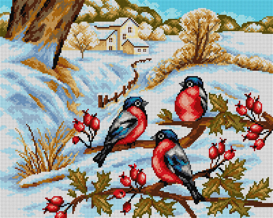 Needlepoint canvas for halfstitch without yarn Winter Landscape with Bullfinches 2421M