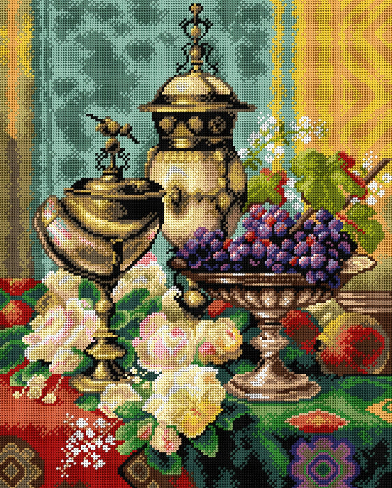 Needlepoint canvas for halfstitch without yarn after Jean Baptiste Robie - Still Life with Roses, Grapes and a Silver Inlaid Nautilus Shell 2867M