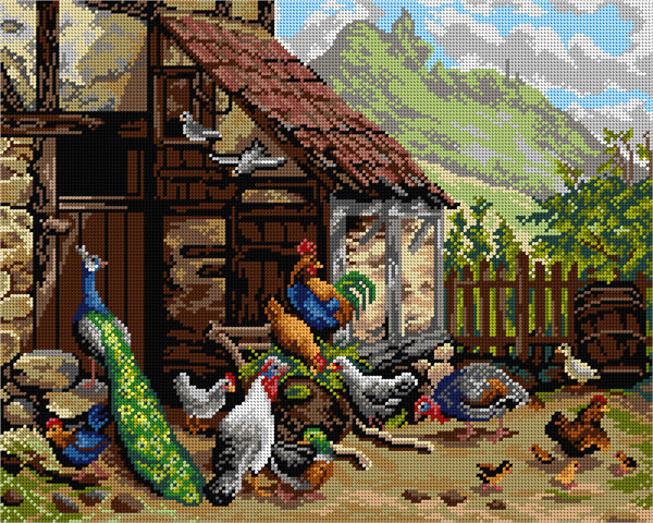 Gobelin canvas for halfstitch without yarn after Carl Jutz - Chickens and Peacock in the Yard