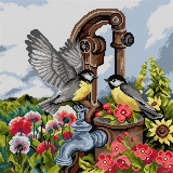 Gobelin canvas for halfstitch without yarn Birds at the Hand Pump