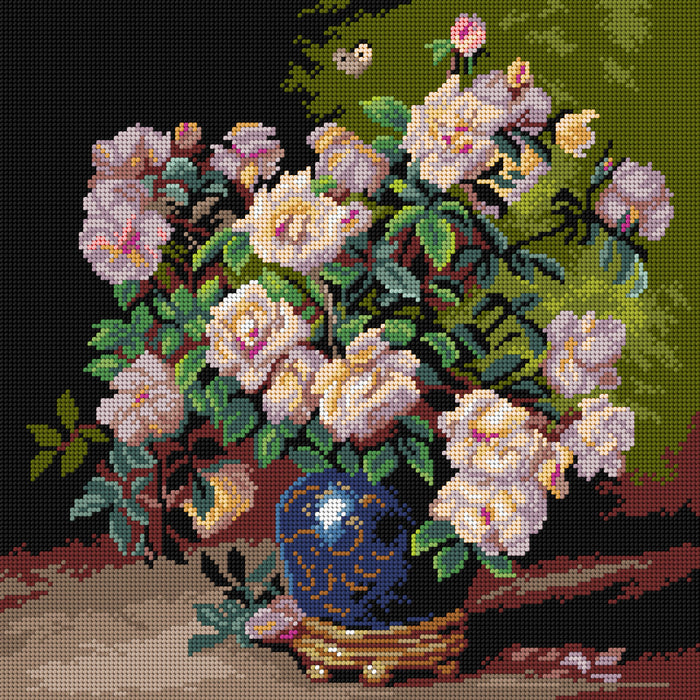 Roses in a Cobalt Vase 3480L Needlepoint canvas for halfstitch without yarn