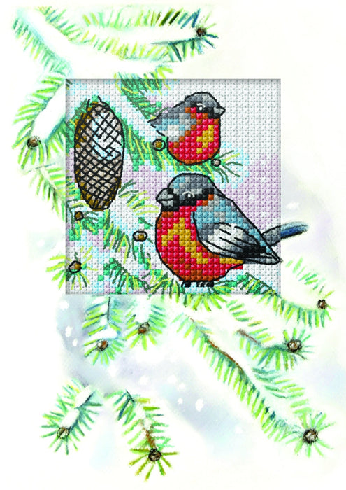 Complete counted cross stitch kit - greetings card "Bullfinches" 6267