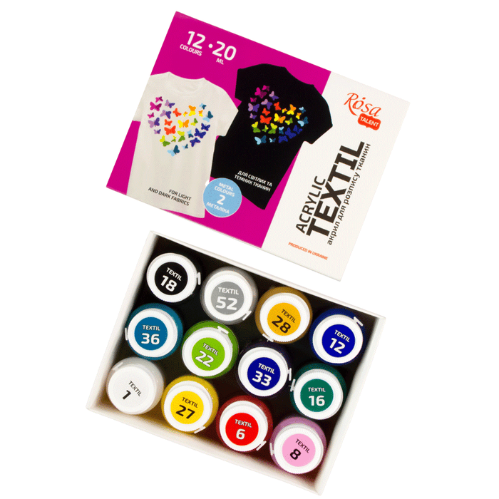 HEART Textile Acrylic Paint Set. 12 colors (20ml) and including 2 metallic by Rosa Talent