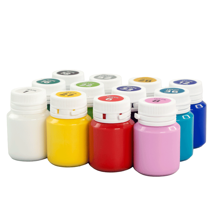 HEART Textile Acrylic Paint Set. 12 colors (20ml) and including 2 metallic by Rosa Talent
