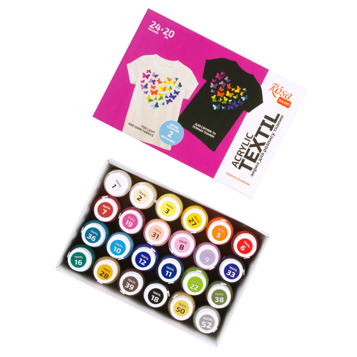 HEART Textile Acrylic Paint Set. 24 colors (20ml) and including 2 metallic. by Rosa Talent