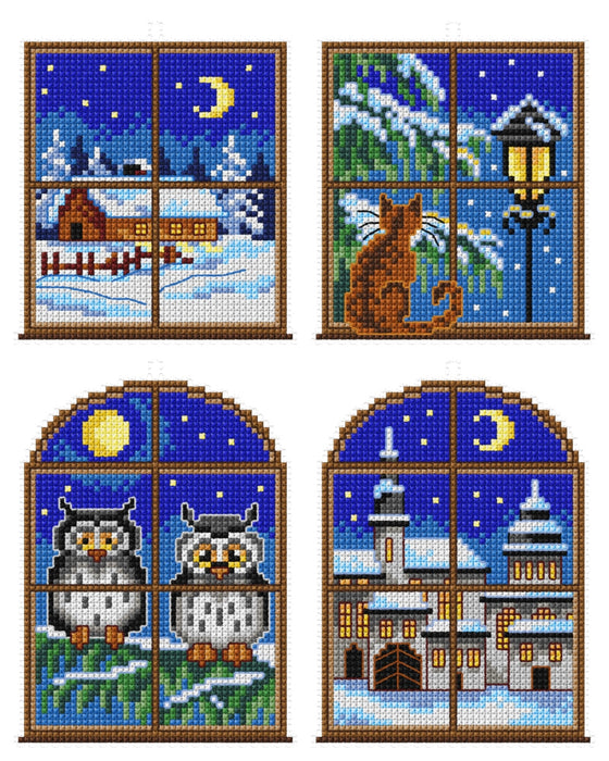Counted cross stitch kit with plastic canvas "Winter windows" set of 4 designs 7652
